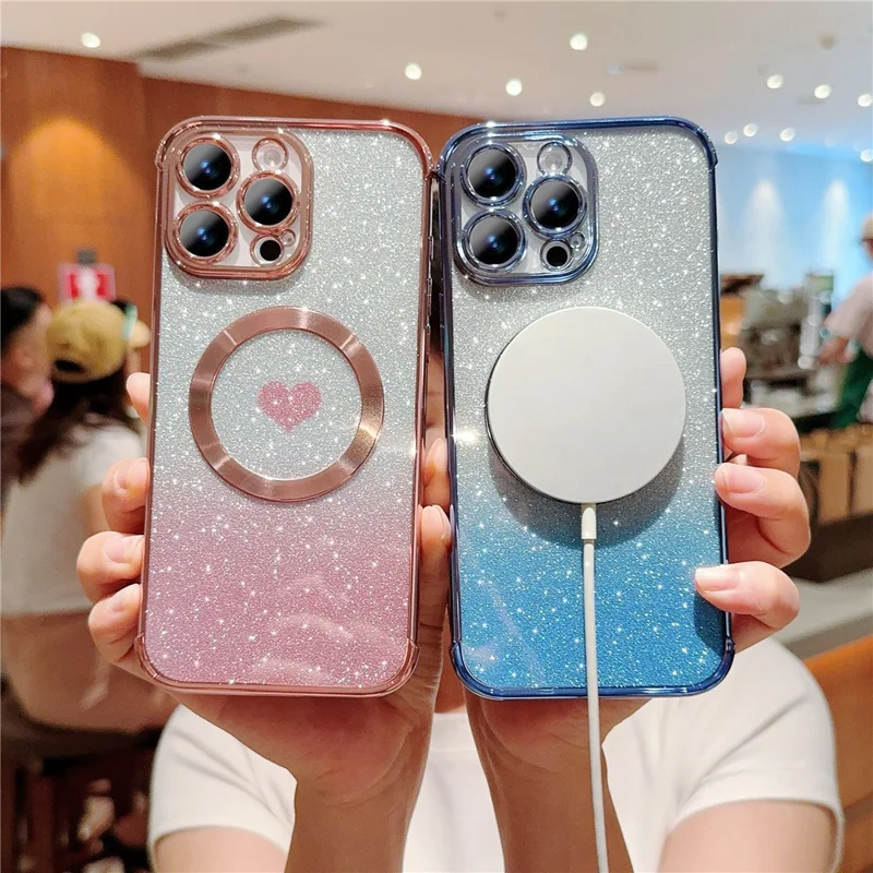For iPhone 16 Pro Case Gradient Sparkle TPU Phone Cover Compatible with MagSafe - Rose Pink