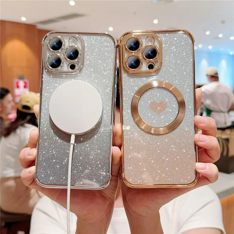 For iPhone 16 Pro Case Gradient Sparkle TPU Phone Cover Compatible with MagSafe - Rose Pink