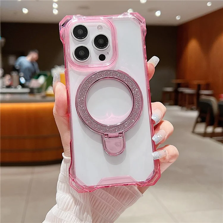 Для Iphone 16 Pro Max Case Glitter Magnetic Bickstand Укрепленные Углы Acryl+tpu Phone Cover - Розовый