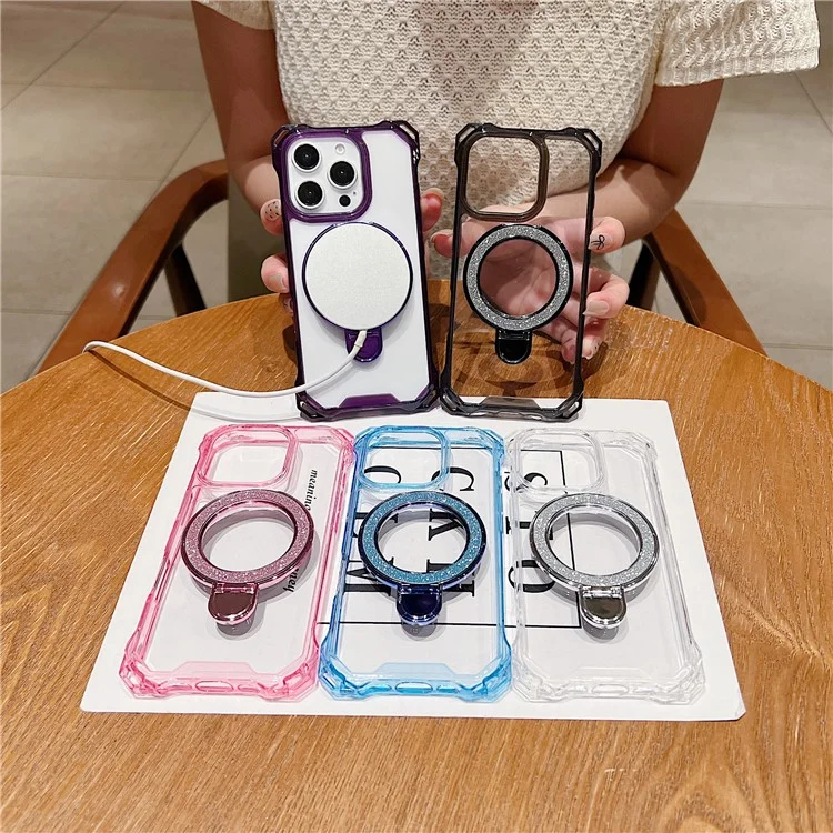 Для Iphone 16 Pro Max Case Glitter Magnetic Bickstand Укрепленные Углы Acryl+tpu Phone Cover - Розовый