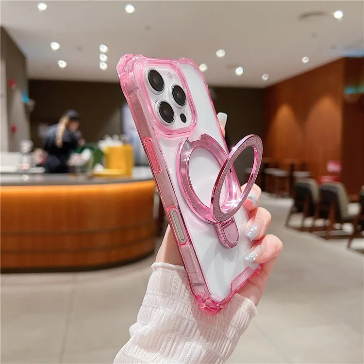 Для Iphone 16 Pro Max Case Glitter Magnetic Bickstand Укрепленные Углы Acryl+tpu Phone Cover - Розовый