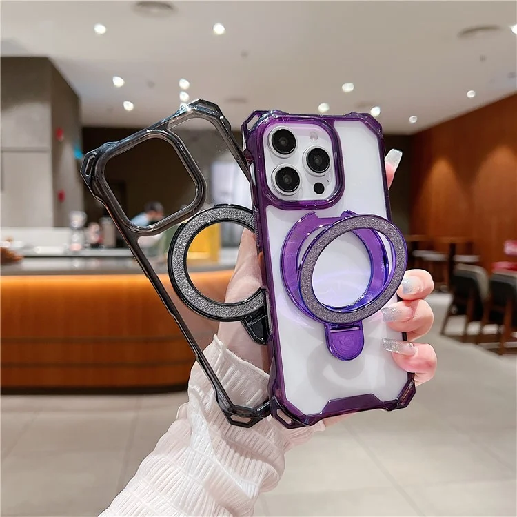 Для Iphone 16 Pro Max Case Glitter Magnetic Bickstand Укрепленные Углы Acryl+tpu Phone Cover - Розовый