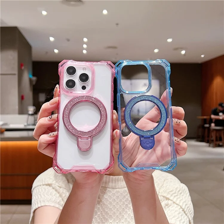 Для Iphone 16 Pro Max Case Glitter Magnetic Bickstand Укрепленные Углы Acryl+tpu Phone Cover - Розовый