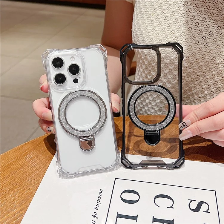 Для Iphone 16 Pro Max Case Glitter Magnetic Bickstand Укрепленные Углы Acryl+tpu Phone Cover - Розовый