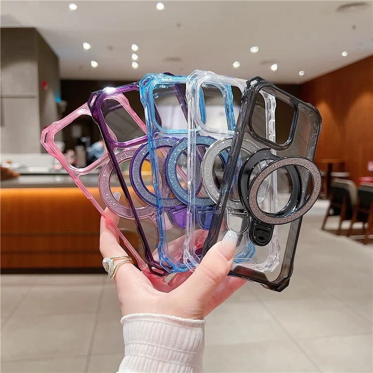 Для Iphone 16 Pro Max Case Glitter Magnetic Bickstand Укрепленные Углы Acryl+tpu Phone Cover - Розовый