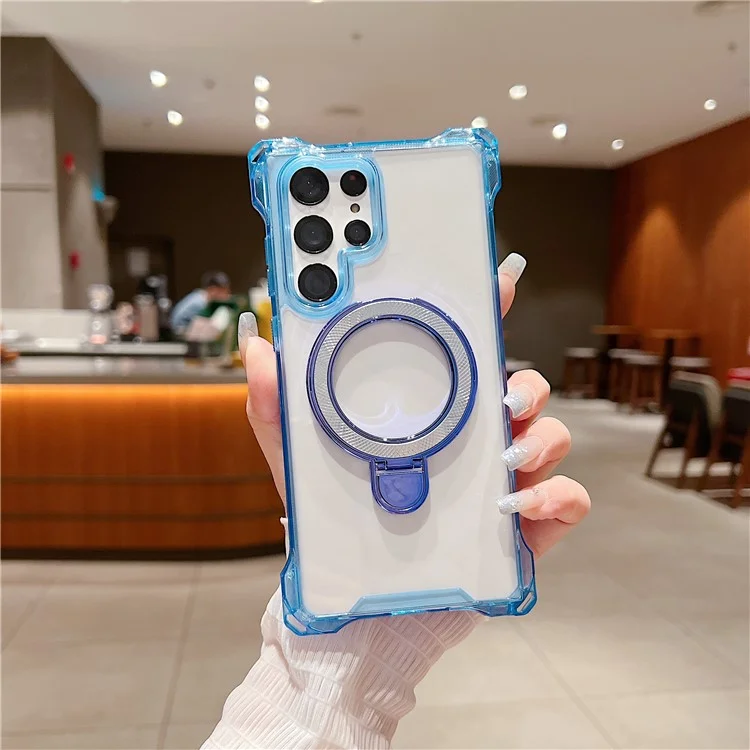 Für Samsung Galaxy S24 Ultra Hülle Glitzer Magnetischer Ständer Verstärkte Ecken Acryl+TPU Handyhülle - Blau