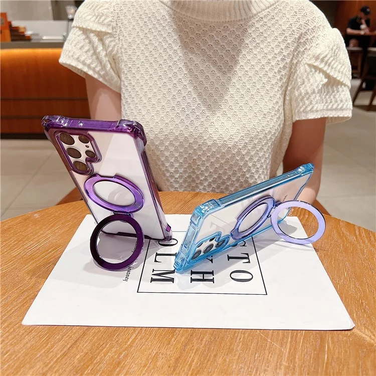 Für Samsung Galaxy S24 Ultra Hülle Glitzer Magnetischer Ständer Verstärkte Ecken Acryl+TPU Handyhülle - Blau