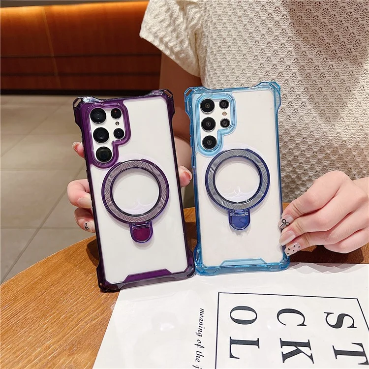 Für Samsung Galaxy S24 Ultra Hülle Glitzer Magnetischer Ständer Verstärkte Ecken Acryl+TPU Handyhülle - Blau