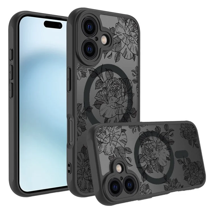 For iPhone 16 Case Compatible with MagSafe Clear Floral Pattern Matte Anti-Drop TPU+PC Phone Cover