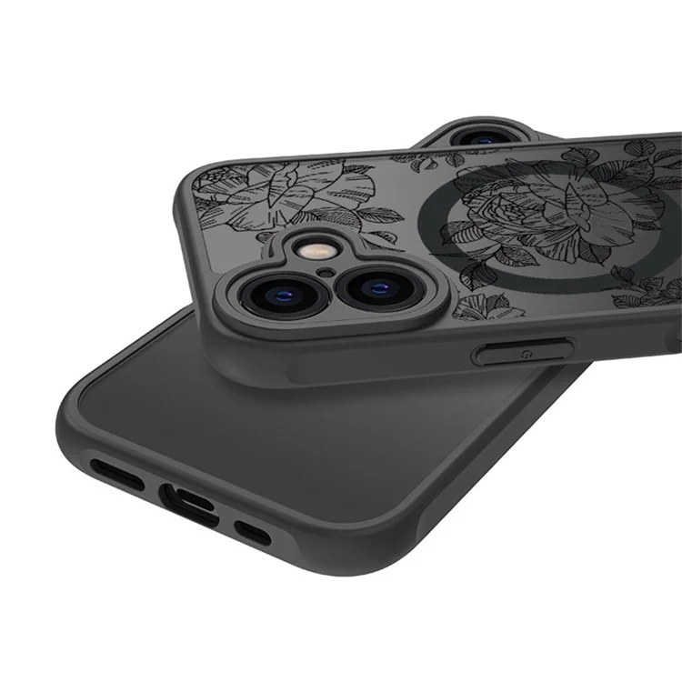 For iPhone 16 Case Compatible with MagSafe Clear Floral Pattern Matte Anti-Drop TPU+PC Phone Cover