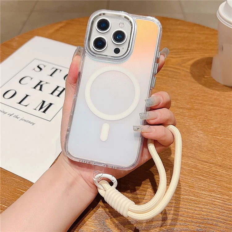 For iPhone 16 Pro Max Case Compatible with MagSafe Chameleon Design TPU+PC Phone Cover with Wrist Strap - White