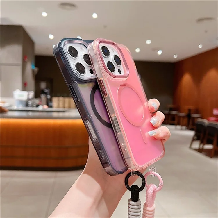 For iPhone 16 Pro Max Case Compatible with MagSafe Chameleon Design TPU+PC Phone Cover with Wrist Strap - White