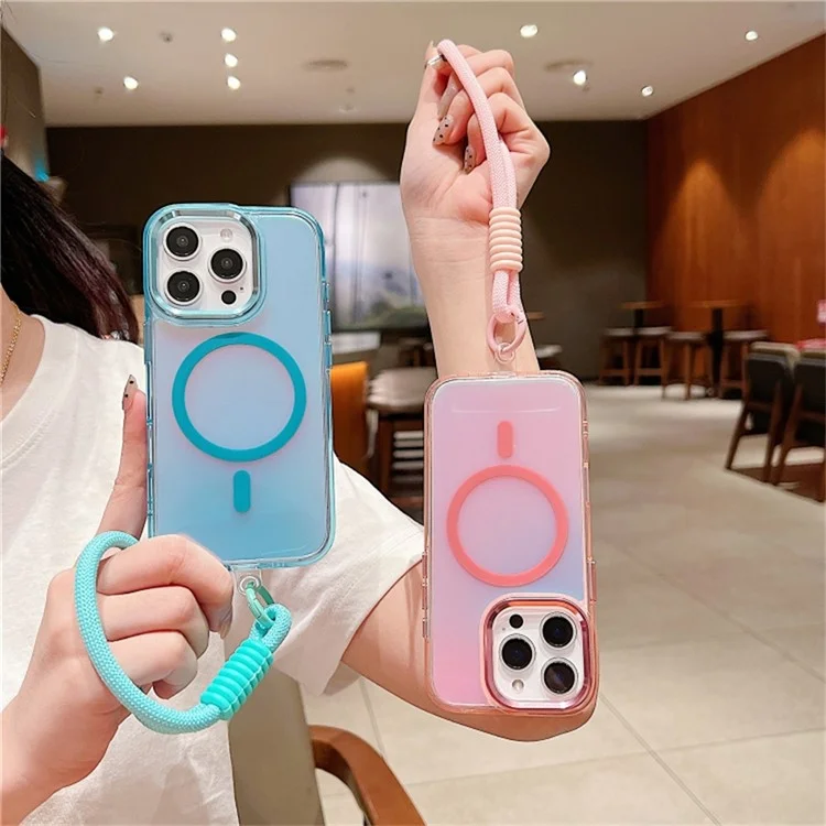 For iPhone 16 Pro Max Case Compatible with MagSafe Chameleon Design TPU+PC Phone Cover with Wrist Strap - White