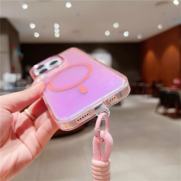 For iPhone 16 Pro Max Case Compatible with MagSafe Chameleon Design TPU+PC Phone Cover with Wrist Strap - White