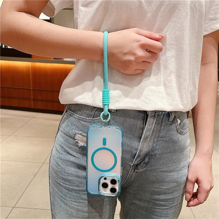 For iPhone 16 Pro Max Case Compatible with MagSafe Chameleon Design TPU+PC Phone Cover with Wrist Strap - White
