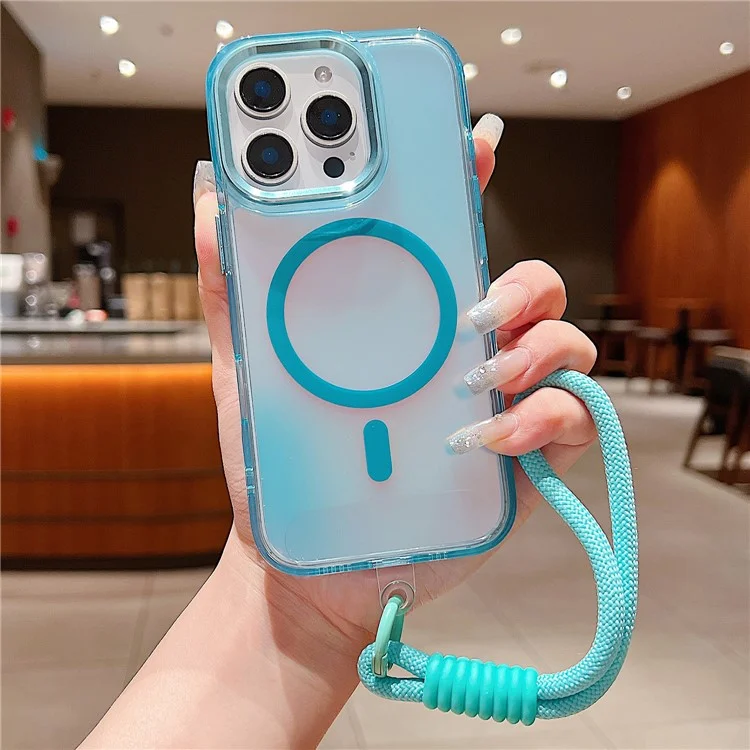 For iPhone 16 Pro Max Case Compatible with MagSafe Chameleon Design TPU+PC Phone Cover with Wrist Strap - Sky Blue