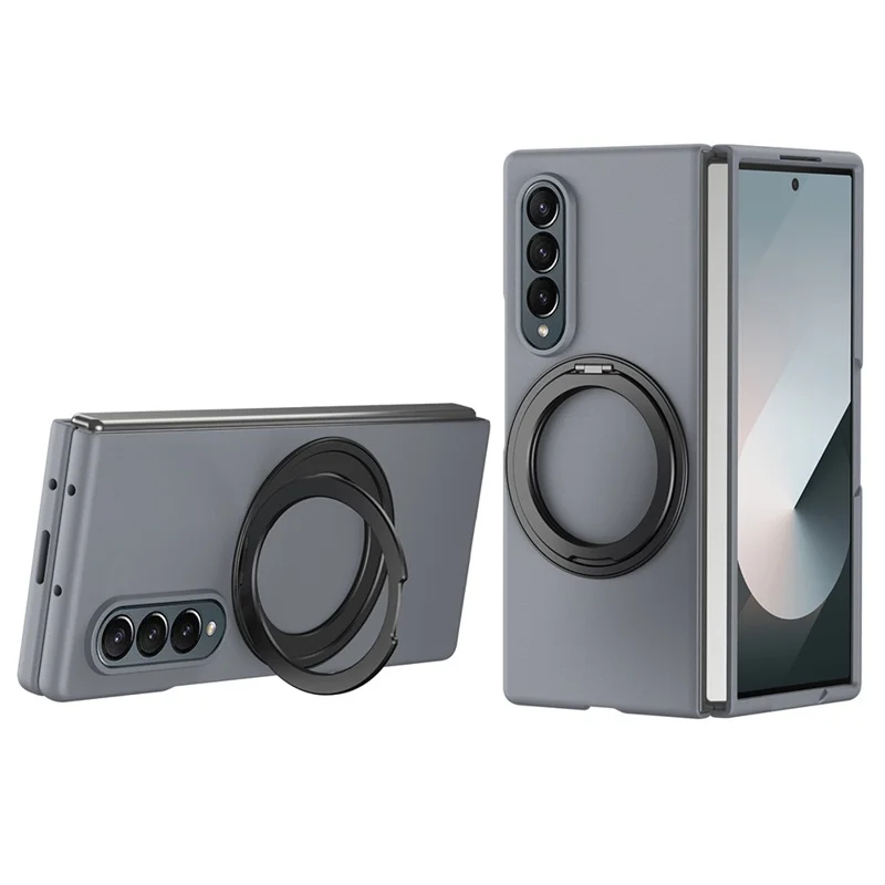 For Samsung Galaxy Z Fold3 5G Magnetic Case Ring Kickstand Hard PC Cover with Tempered Glass Screen Film - Grey