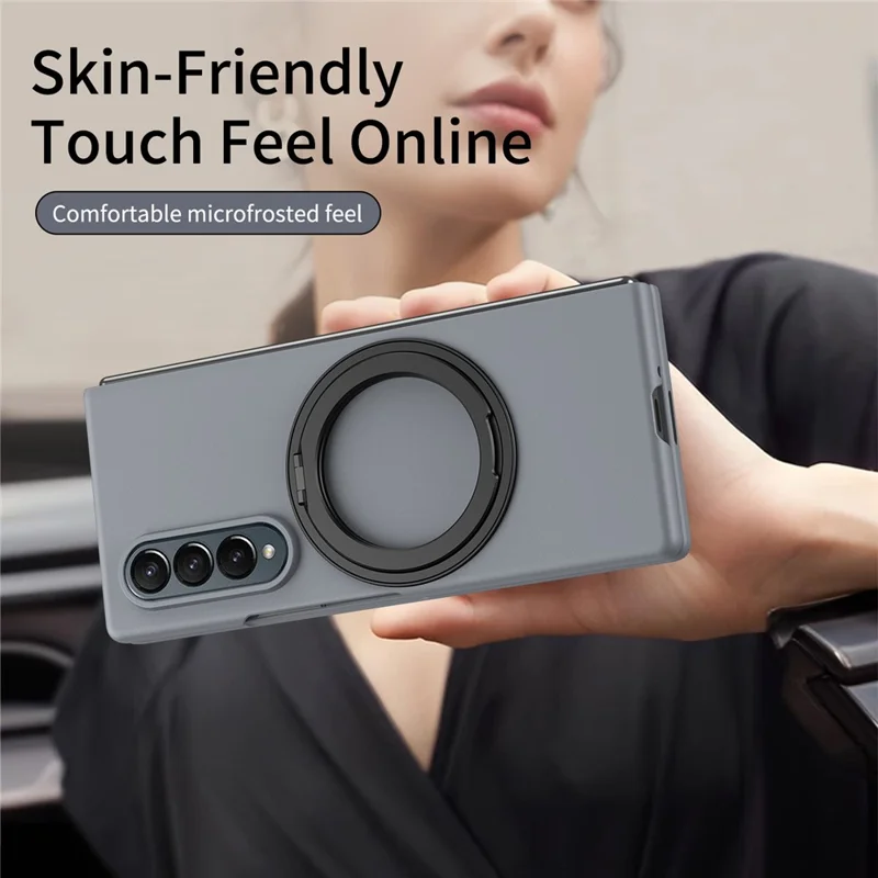 For Samsung Galaxy Z Fold3 5G Magnetic Case Ring Kickstand Hard PC Cover with Tempered Glass Screen Film - Grey