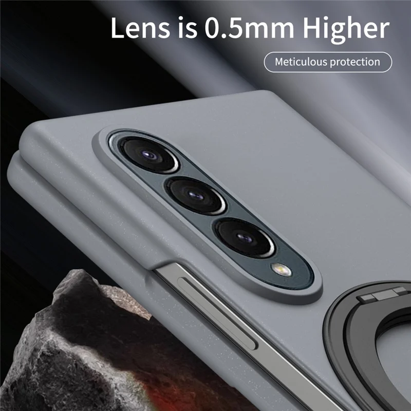 For Samsung Galaxy Z Fold3 5G Magnetic Case Ring Kickstand Hard PC Cover with Tempered Glass Screen Film - Grey