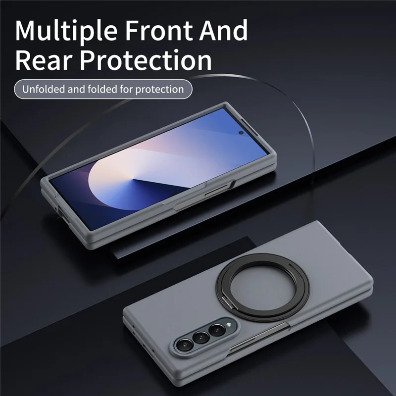 For Samsung Galaxy Z Fold3 5G Magnetic Case Ring Kickstand Hard PC Cover with Tempered Glass Screen Film - Grey