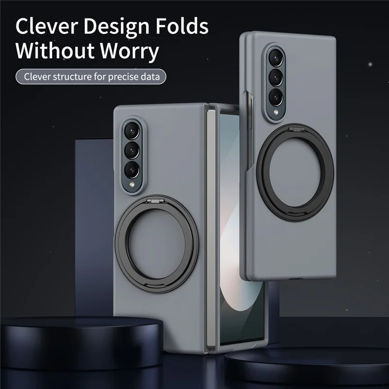 For Samsung Galaxy Z Fold3 5G Magnetic Case Ring Kickstand Hard PC Cover with Tempered Glass Screen Film - Grey
