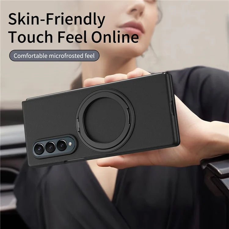 For Samsung Galaxy Z Fold4 5G Magnetic Case Ring Kickstand Hard PC Cover with Tempered Glass Screen Film - Black