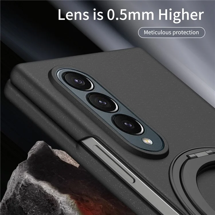 For Samsung Galaxy Z Fold4 5G Magnetic Case Ring Kickstand Hard PC Cover with Tempered Glass Screen Film - Black