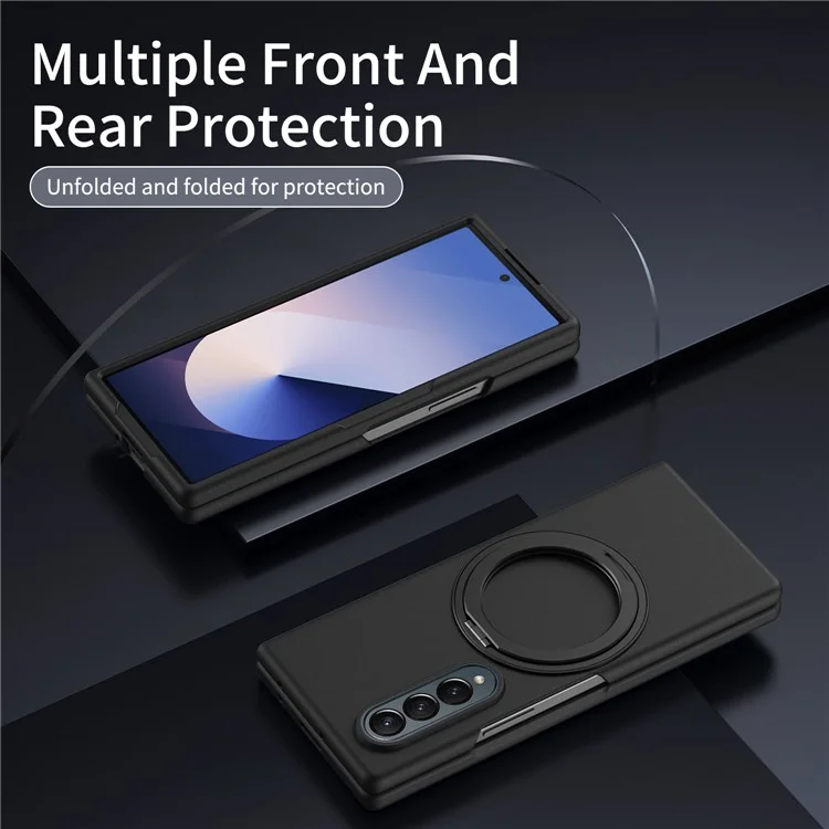 For Samsung Galaxy Z Fold4 5G Magnetic Case Ring Kickstand Hard PC Cover with Tempered Glass Screen Film - Black