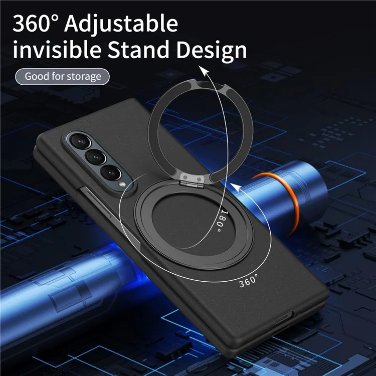 For Samsung Galaxy Z Fold4 5G Magnetic Case Ring Kickstand Hard PC Cover with Tempered Glass Screen Film - Black