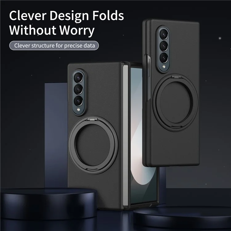 For Samsung Galaxy Z Fold4 5G Magnetic Case Ring Kickstand Hard PC Cover with Tempered Glass Screen Film - Black