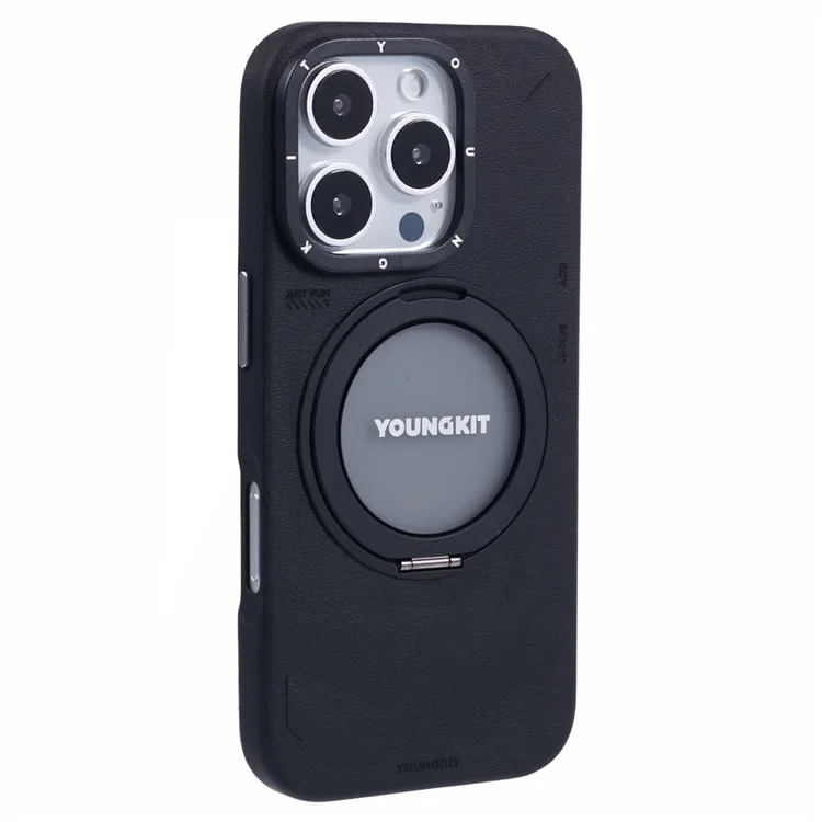 YOUNGKIT For iPhone 16 Pro Case Compatible with MagSafe Rotating Kickstand PU+TPU Phone Cover - Black