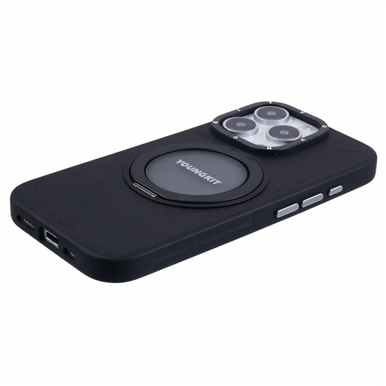 YOUNGKIT For iPhone 16 Pro Case Compatible with MagSafe Rotating Kickstand PU+TPU Phone Cover - Black