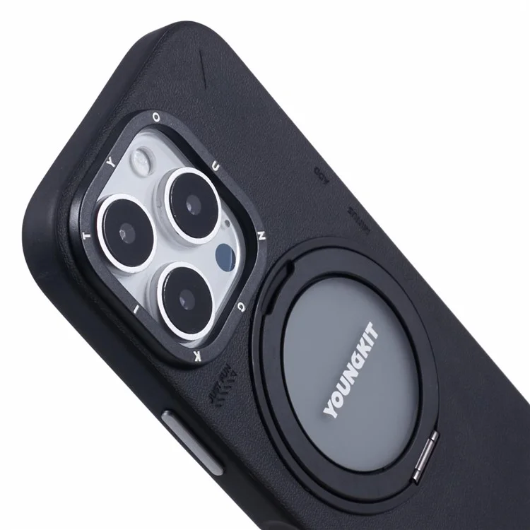 YOUNGKIT For iPhone 16 Pro Case Compatible with MagSafe Rotating Kickstand PU+TPU Phone Cover - Black