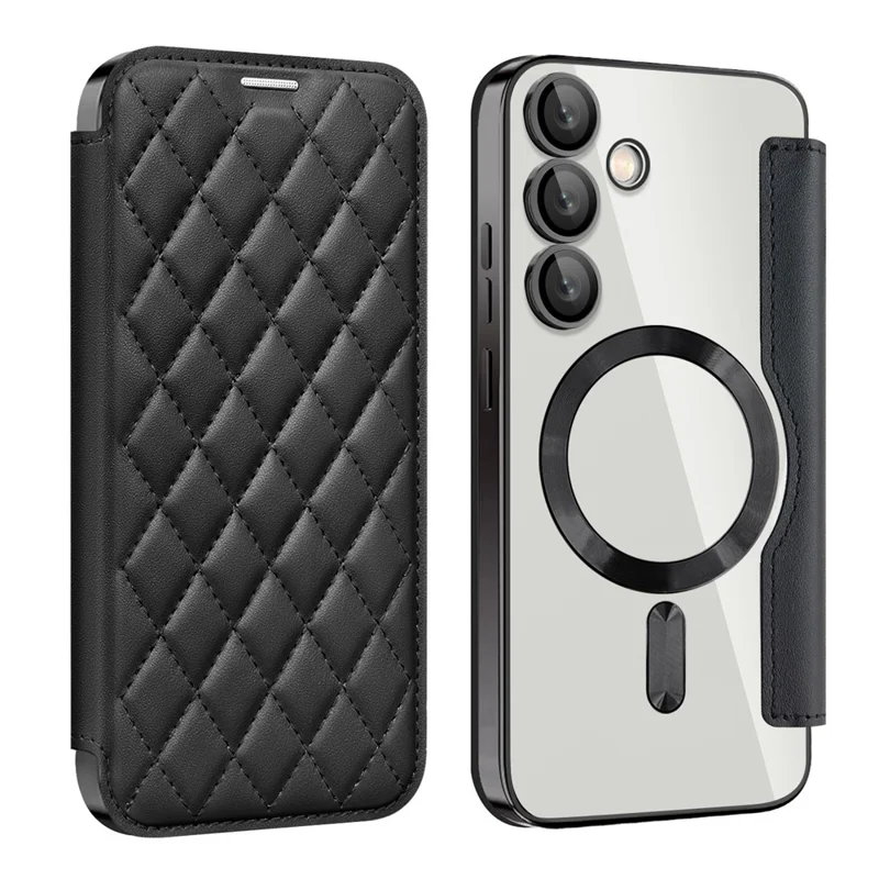 For Samsung Galaxy S24 FE Magnetic Case Rhombus PU Leather Phone Cover - Black