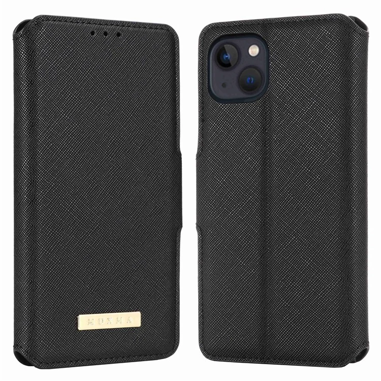 MUXMA MX115 PU Leather Phone Case for iPhone 14, Cross Texture Magnetic Clasp Stand Wallet Cover - Black