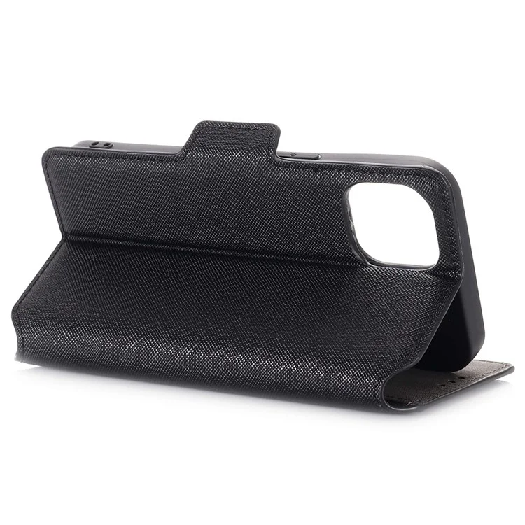 MUXMA MX115 PU Leather Phone Case for iPhone 14, Cross Texture Magnetic Clasp Stand Wallet Cover - Black