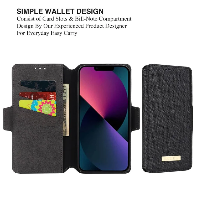 MUXMA MX115 PU Leather Phone Case for iPhone 14, Cross Texture Magnetic Clasp Stand Wallet Cover - Black