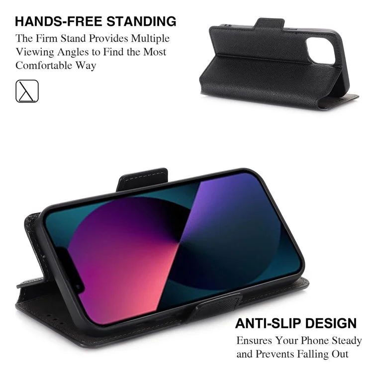 MUXMA MX115 PU Leather Phone Case for iPhone 14, Cross Texture Magnetic Clasp Stand Wallet Cover - Black