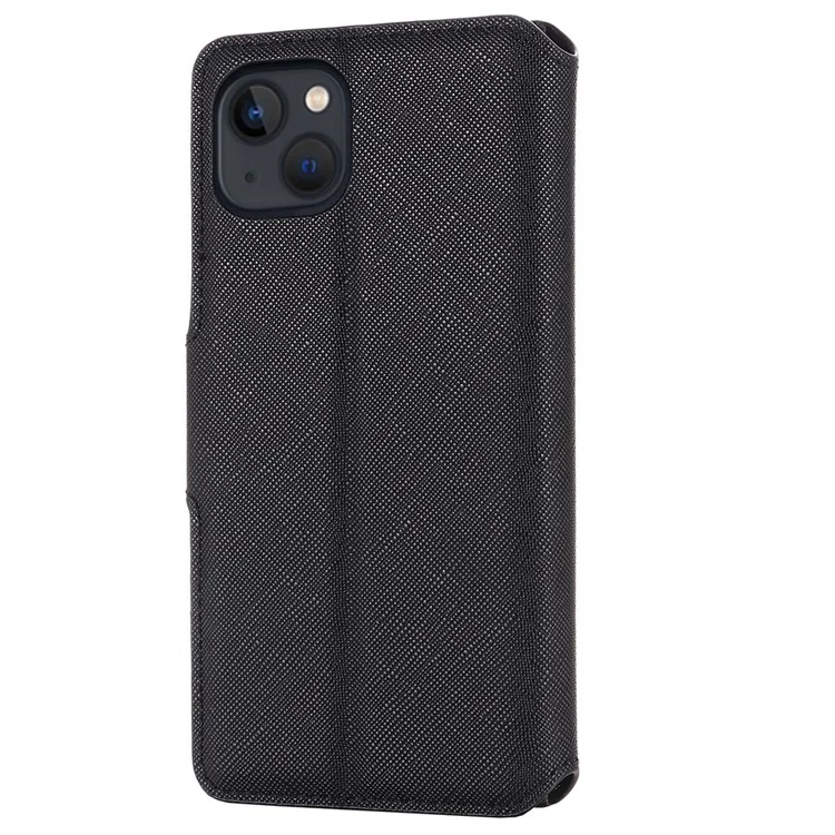 MUXMA MX115 PU Leather Phone Case for iPhone 14, Cross Texture Magnetic Clasp Stand Wallet Cover - Black