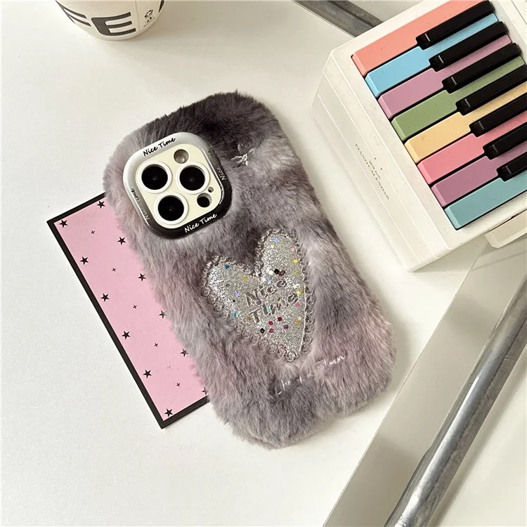 Для Iphone 15 Pro Max Case Sparkly Heart Lins Lins Kickstand Мягкая Плюшевая Телефона TPU - Акварель Серый