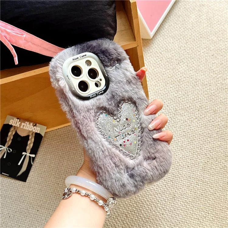 Для Iphone 15 Pro Max Case Sparkly Heart Lins Lins Kickstand Мягкая Плюшевая Телефона TPU - Акварель Серый