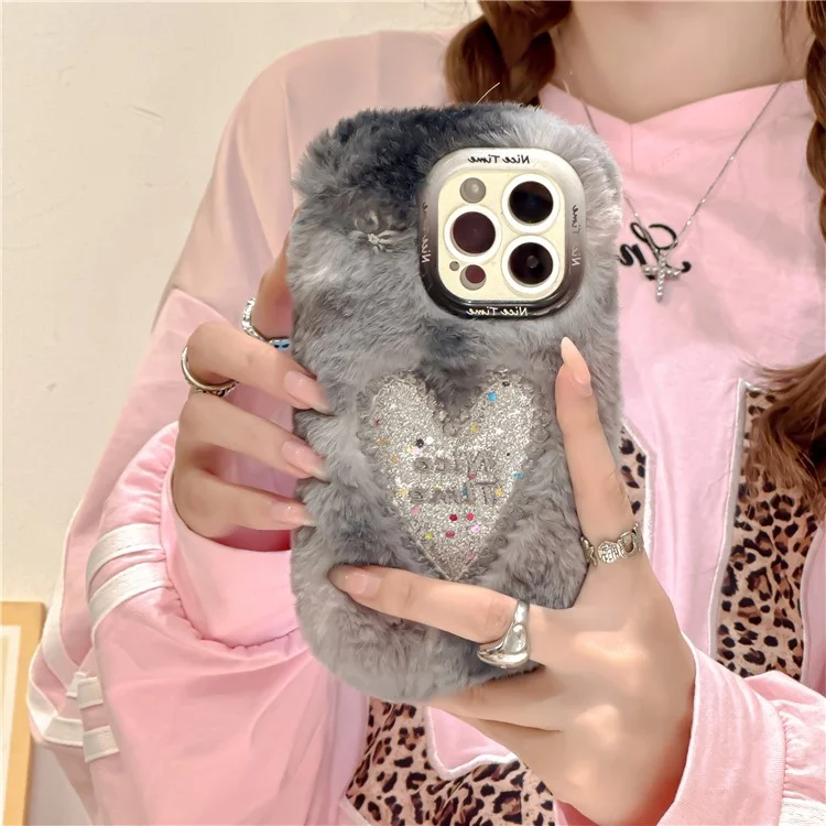 Для Iphone 15 Pro Max Case Sparkly Heart Lins Lins Kickstand Мягкая Плюшевая Телефона TPU - Акварель Серый