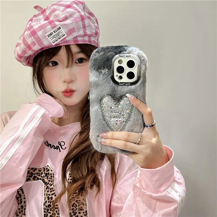 Для Iphone 15 Pro Max Case Sparkly Heart Lins Lins Kickstand Мягкая Плюшевая Телефона TPU - Акварель Серый