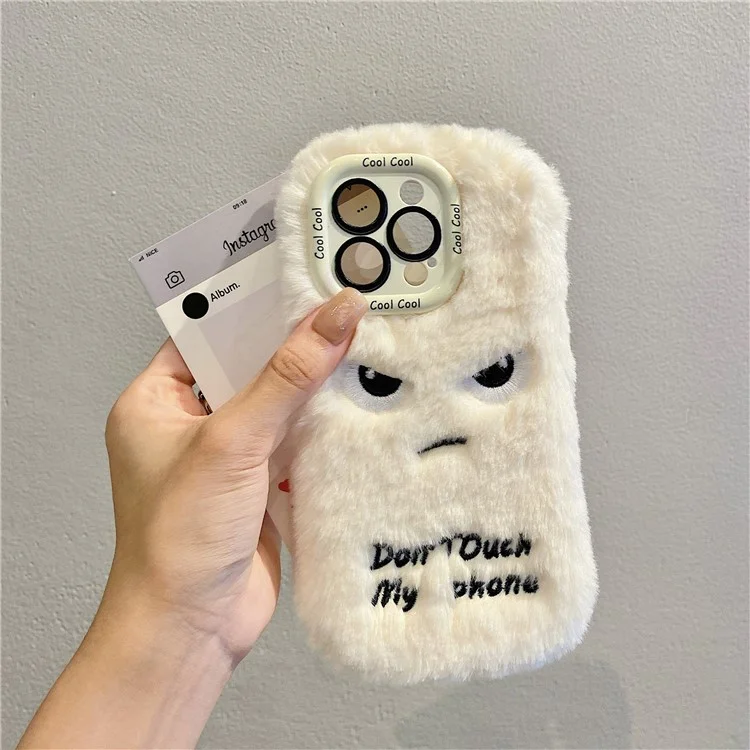 Pour L'iphone 15 Pro Max Case Lens Kickstand Face Humoristique Humourn Fluffy TPU Téléphone - Blanc