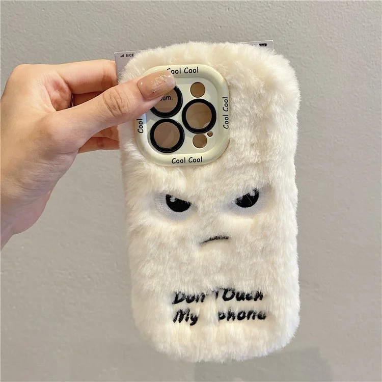 Pour L'iphone 15 Pro Max Case Lens Kickstand Face Humoristique Humourn Fluffy TPU Téléphone - Blanc