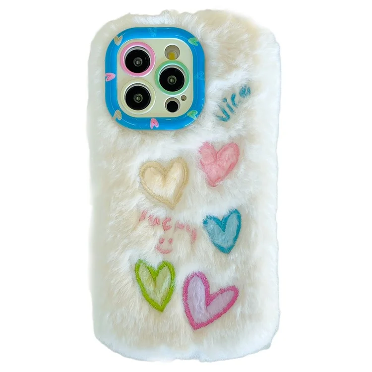 Для Iphone 15 Pro Max Case Lens Lins Stand Closful Heart Emelcodery Fluffy Tpu Cover Cover - Белый