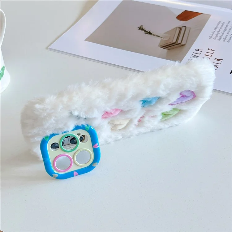 Для Iphone 15 Pro Max Case Lens Lins Stand Closful Heart Emelcodery Fluffy Tpu Cover Cover - Белый