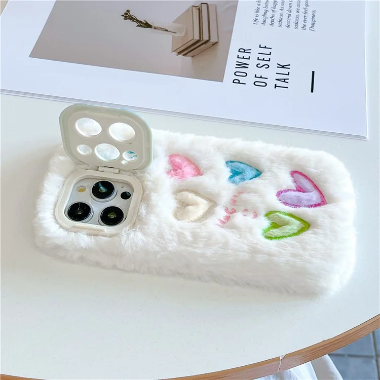 Для Iphone 15 Pro Max Case Lens Lins Stand Closful Heart Emelcodery Fluffy Tpu Cover Cover - Белый