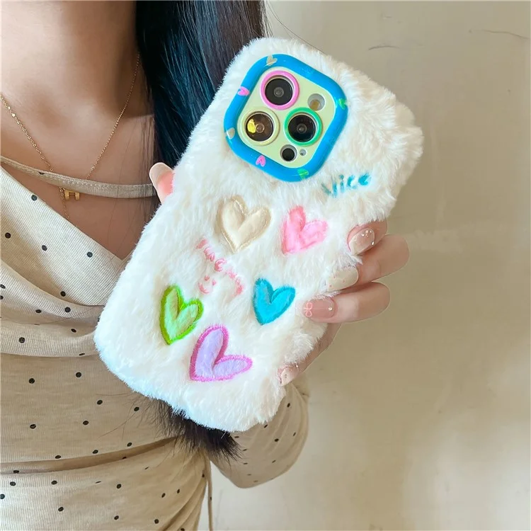 Для Iphone 15 Pro Max Case Lens Lins Stand Closful Heart Emelcodery Fluffy Tpu Cover Cover - Белый