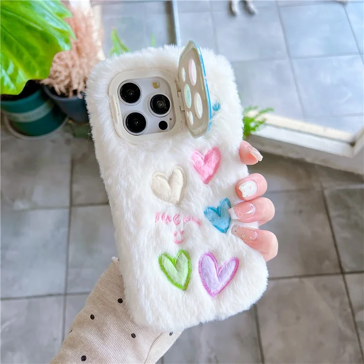 Для Iphone 15 Pro Max Case Lens Lins Stand Closful Heart Emelcodery Fluffy Tpu Cover Cover - Белый